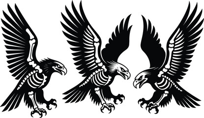 Fototapeta premium Eagle Skeleton Silhouette Vector Set with Spread Wings, Detailed Skull and Bone Structure Illustration for Tattoo Design, Gothic Logo, Mascot and T-Shirt Graphic