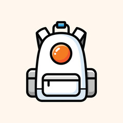 Obraz premium A cartoon backpack, white with black outlines, a small orange circle on the front and a front pocket, two side pockets