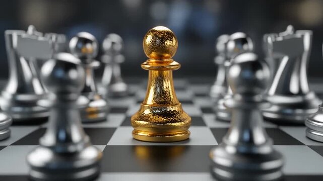 A shiny gold chess pawn stands alone on a black and white checkerboard, surrounded by silver chess pieces