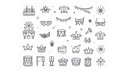 Carnival masquerade and jazz festival icon set featuring crowns masks musical instruments fleur de lis and parade symbols