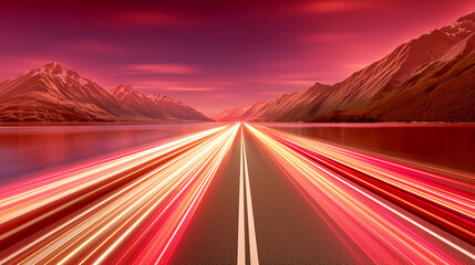 Obraz premium Long exposure light trails on a highway through a mountain lake landscape