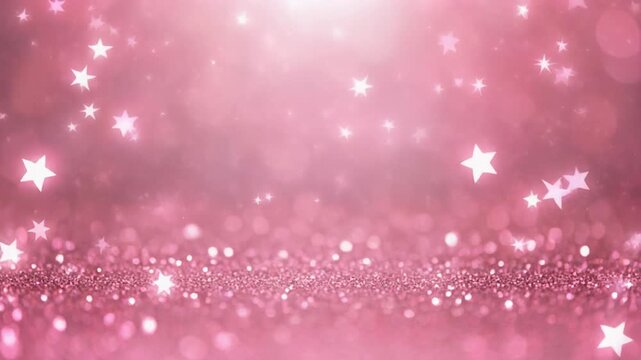 A vibrant pink background with sparkling glitter and white stars scattered across, transitioning to a solid white space below