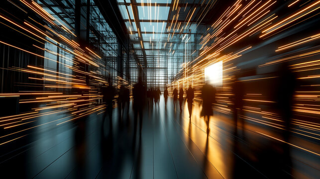 People walking through a futuristic hall with glowing light trails
