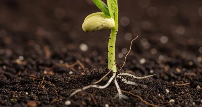 Bean sprout emerging from soil showing roots and new growth