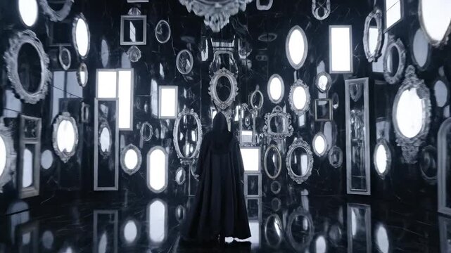 A person in a dark cloak stands in a room filled with glowing mirrors and frames, creating an illusion of infinite reflections and a surreal, mysterious atmosphere.