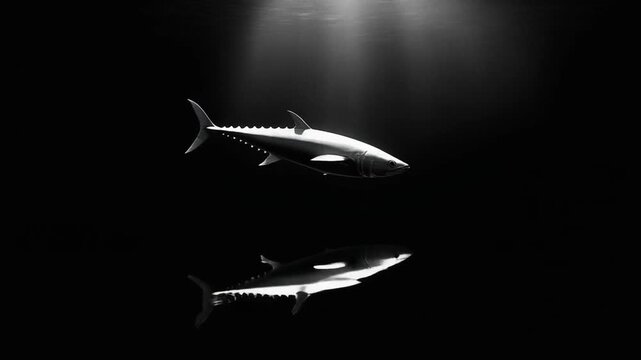 Two fish swim in dark water, rays of light penetrating from above. Grayscale, minimalist, and serene