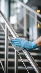 Hand Cleaning Railing with Blue Gloves