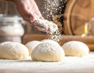 Chef's hand carefully sprinkles flour over multiple soft raw dough portions resting on a floured surface, preparing for homemade bread or delicious pastries in a rustic kitchen setting