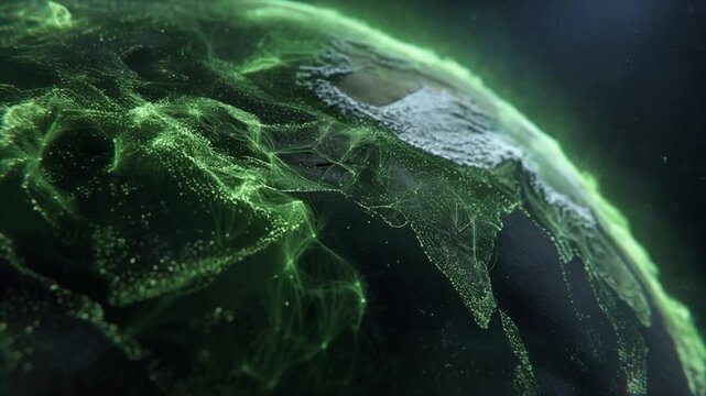 Glowing green network over the globe, highlighting interconnected regions. Futuristic and abstract imagery