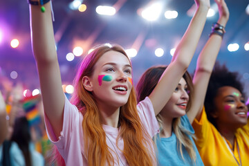 Obraz premium Young women celebrating at a vibrant event with colorful face paint and raised arms, illuminated by bright lights in a festive atmosphere