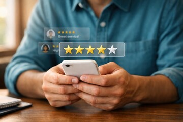 Obraz premium AI Powered Customer Satisfaction Rating and Online Review Feedback on Smartphone Interface