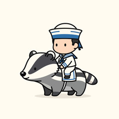 A cartoon character dressed in a sailor uniform sits on the back of a badger. They are smiling. Background is a solid off-white color