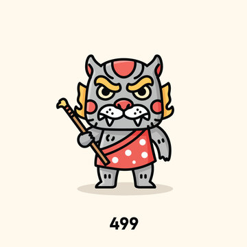 A cartoon creature with grey fur, angry yellow eyes, and wearing a red loincloth with white spots, holding a stick. Number "499" below