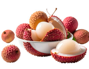 Freshly peeled and whole red lychees in a white bowl