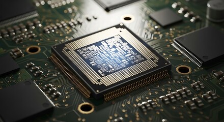 Close up of a modern computer processor chip on a circuit board