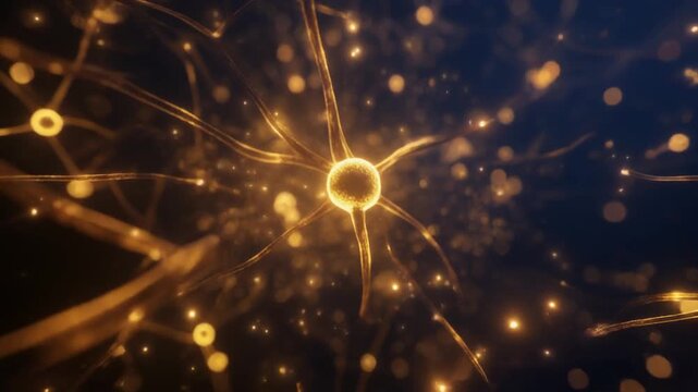 Cinematic journey through a glowing neural network of golden fiber optic neurons and synapses, seamless loop 3D animation