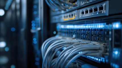 High-Tech Server Room with Network Cables