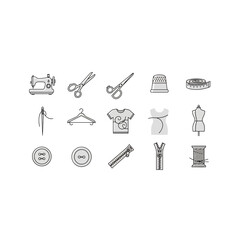 Obraz premium Sewing and Tailoring Icons: Machine, Scissors, Hanger, and Garments