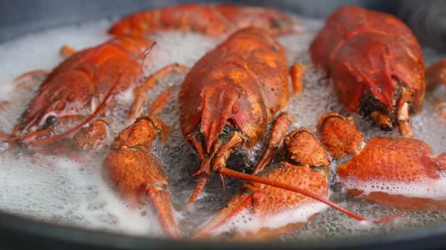 Red crayfish boiling in the frying pan close up