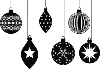 Set of black Christmas ball ornament silhouettes with various patterns and stars isolated on white background for holiday decoration greeting cards and winter designs