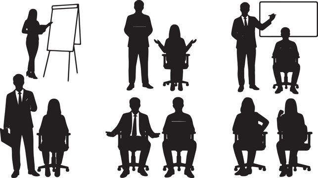 Black Solid Mock Interview Practice Silhouettes Set of Six on White Background