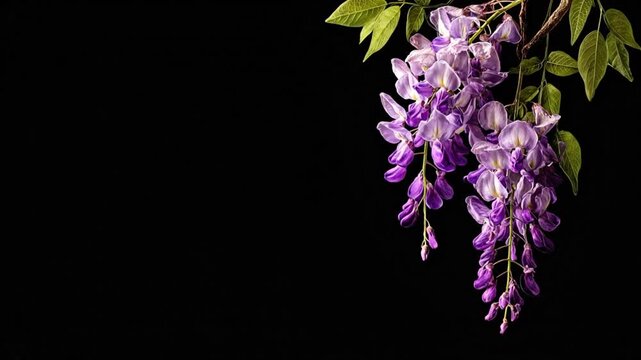 A close-up shot of wisteria blossoms hanging from a branch against a solid black background