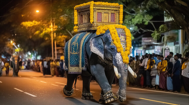 Randoli Perahera, Decorated Elephant with Ornate Costume Walking During Randoli Perahera Night Festival in Sri Lanka
