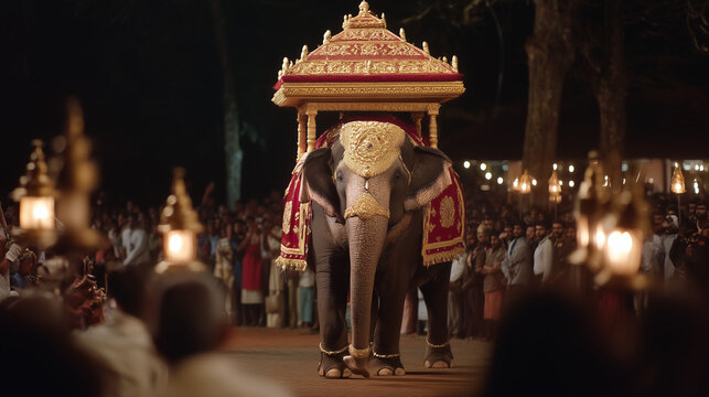 Randoli Perahera, Majestic Decorated Elephant Carrying Sacred Relic During Randoli Perahera Night Procession in Sri Lanka