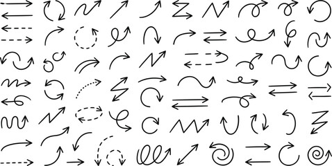 Naklejka premium A collection of hand drawn arrows and swirling line art on a white background