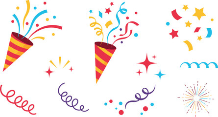 Obraz premium Colorful Party Confetti Set with Poppers, Sparkles, Serpentine Streamers, Stars, and Festive Celebration Elements Vector Design.