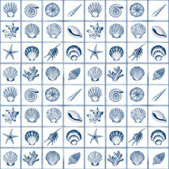 Blue Watercolor Seashell Repeat Pattern &ndash; Coastal Ceramic Style