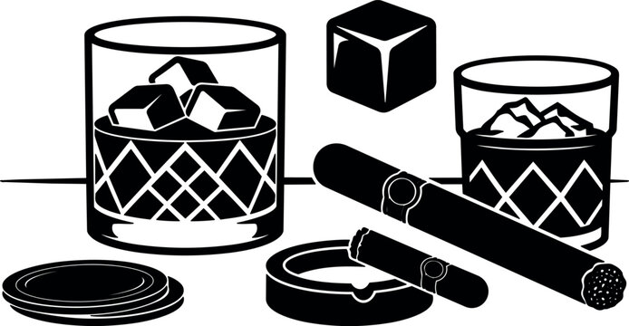 Flat vector silhouette close up of two whiskey glasses with ice and two cigars on coasters low angle dramatic lighting