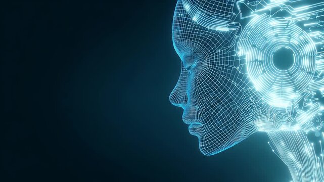 Digital human face with flowing data lines on dark background