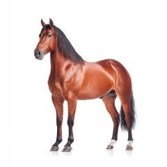Naklejka premium Majestic chestnut horse standing elegantly on a white background displaying powerful muscles and vibrant coat
