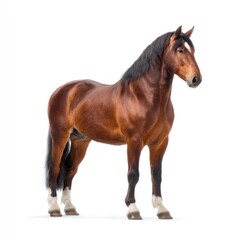 Fototapeta premium Majestic brown horse standing elegantly against a white background showcasing its strength and beauty in a stock photo setting