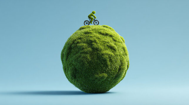 3D Green Grass Earth Globe with Cyclist Figure on Light Blue Background