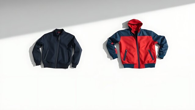 A reversible jacket lying on a plain surface, one side blue and the other red. lifestyle magazines, social media lookbooks, designed for lifestyle magazines and social media content.