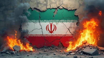 Obraz premium Cracked stone wall with Iranian flag painted on it engulfed in flames and smoke with rubble on the ground 