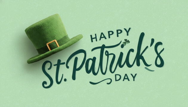 Happy St. Patrick's Day Greeting Card with Green Leprechaun Hat on Mint Background