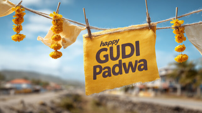 Happy Gudi Padwa Yellow Fabric Sign on Clothesline with Marigold Garland and Blue Sky