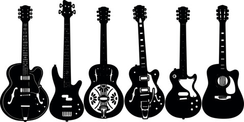 Fototapeta premium Silhouette vector of six different guitars in row including hollow body bass resonator electric single cutaway and acoustic close view