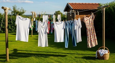 Laundry hanging on clothesline outdoors on a sunny day with green grass