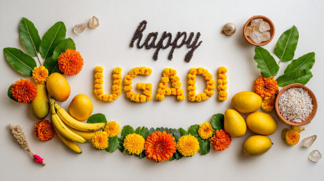 Happy Ugadi Lettering Made of Marigold Flowers and Mangoes Flat Lay with Banana and Leaves