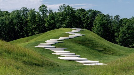 Stone steps climb grassy hill, leading toward forested peak under blue sky