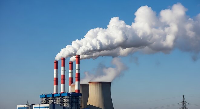 Four red and white striped smokestacks emitting thick white plumes of smoke from an industrial power plant under a clear sky.