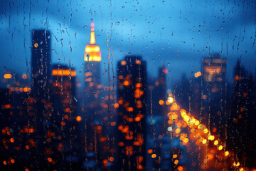 Obraz premium Raindrops streaking down window glass revealing a blurred cityscape beyond.