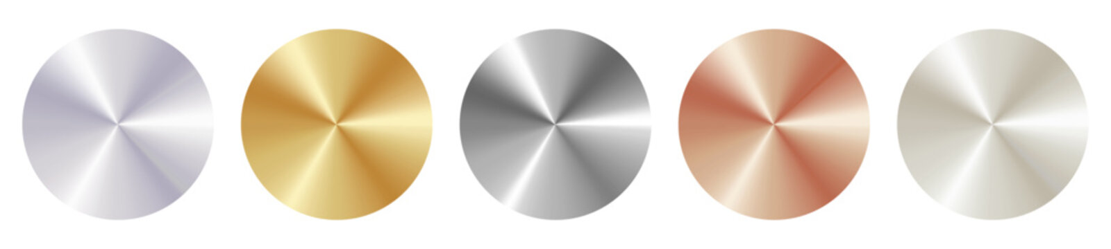 Metallic radial gradient set combining shades of silver, gold, mother-of-pearl, bronze and aluminum with chrome highlights, holographic effect and steel. Vector smooth glossy texture