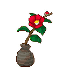 花瓶に生けた椿の花のドット絵