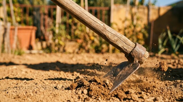 Close up of a rustic gardening hoe cultivating dry brown soil with dirt and dust particles in motion