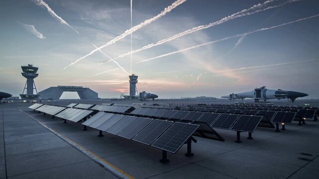 Solar panels on airport roof with planes flying overhead at sunrise